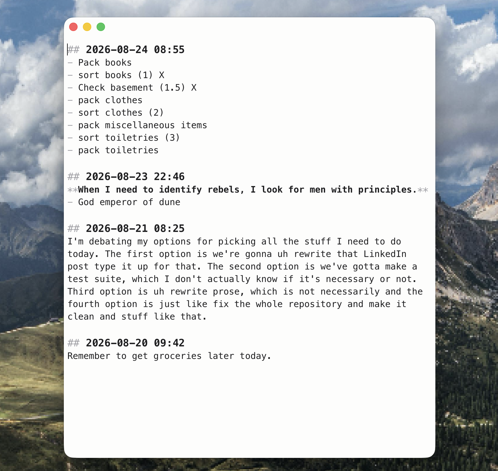 Talkie's notepad window, showing dated markdown entries transcribed from speech